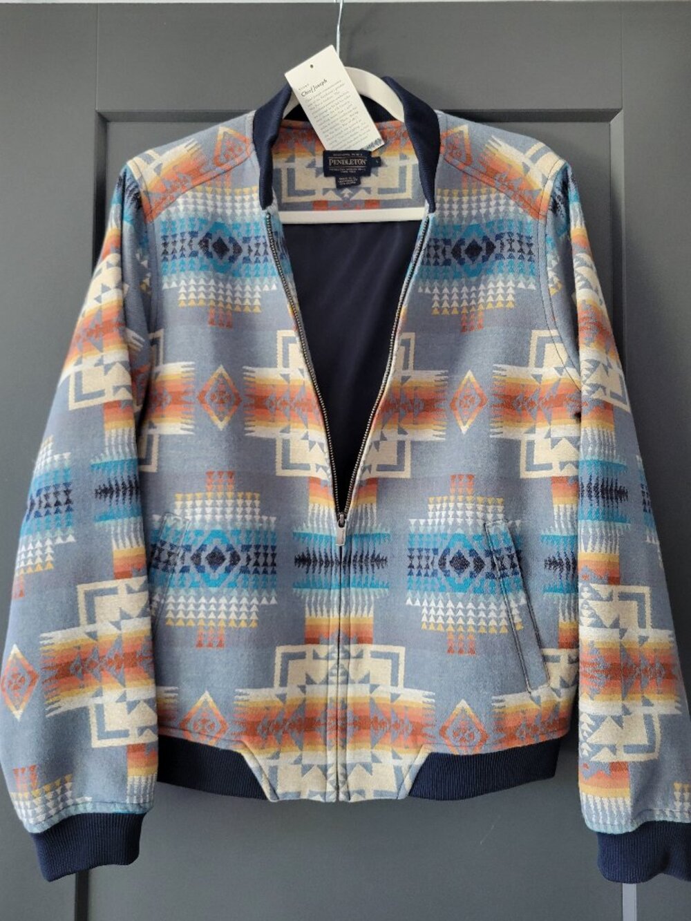 PENDLETON WOMEN'S WOOL BOMBER JACKET NWT L CHIEF JOSEPH PATTERN BLUE MULTI